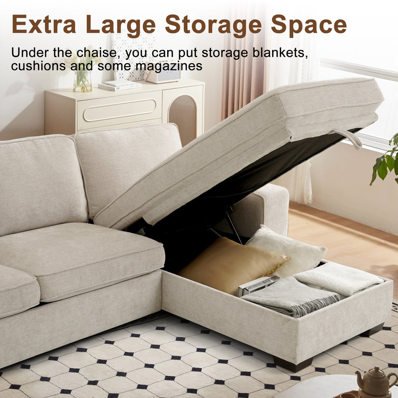 INGALIK 99" Sectional Sofa with Storage Chaise, Oversized L-Shaped Couch, Large Modern Chenille Sofa 3 Seat with Removable Cushion Covers USB Type-C Ports for Living Room
