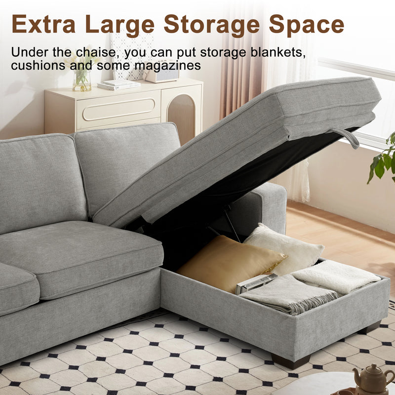 INGALIK 99" Sectional Sofa with Storage Chaise, Oversized L-Shaped Couch, Large Modern Chenille Sofa 3 Seat with Removable Cushion Covers USB Type-C Ports for Living Room