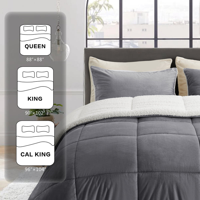 INGALIK  Sherpa Comforter Set, Soft Quilted Down Alternative Comforter Reversible Duvet with 2 Pillowcases, Plush Warm Fall Winter 3 Piece Bedding Sets