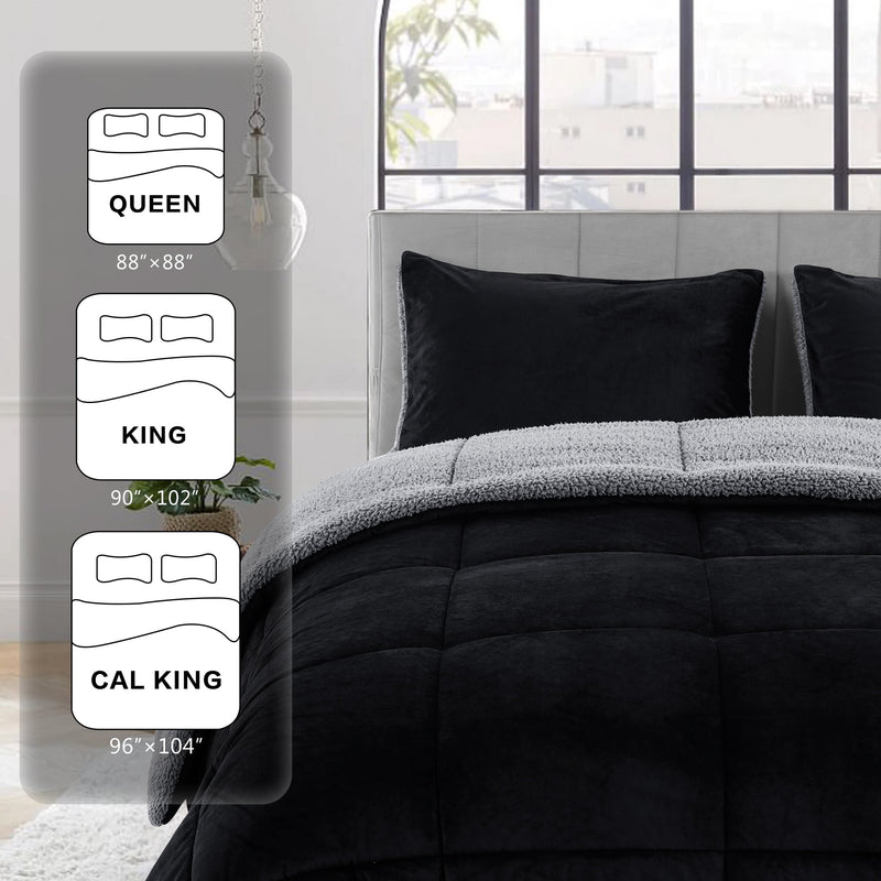 INGALIK  Sherpa Comforter Set, Soft Quilted Down Alternative Comforter Reversible Duvet with 2 Pillowcases, Plush Warm Fall Winter 3 Piece Bedding Sets