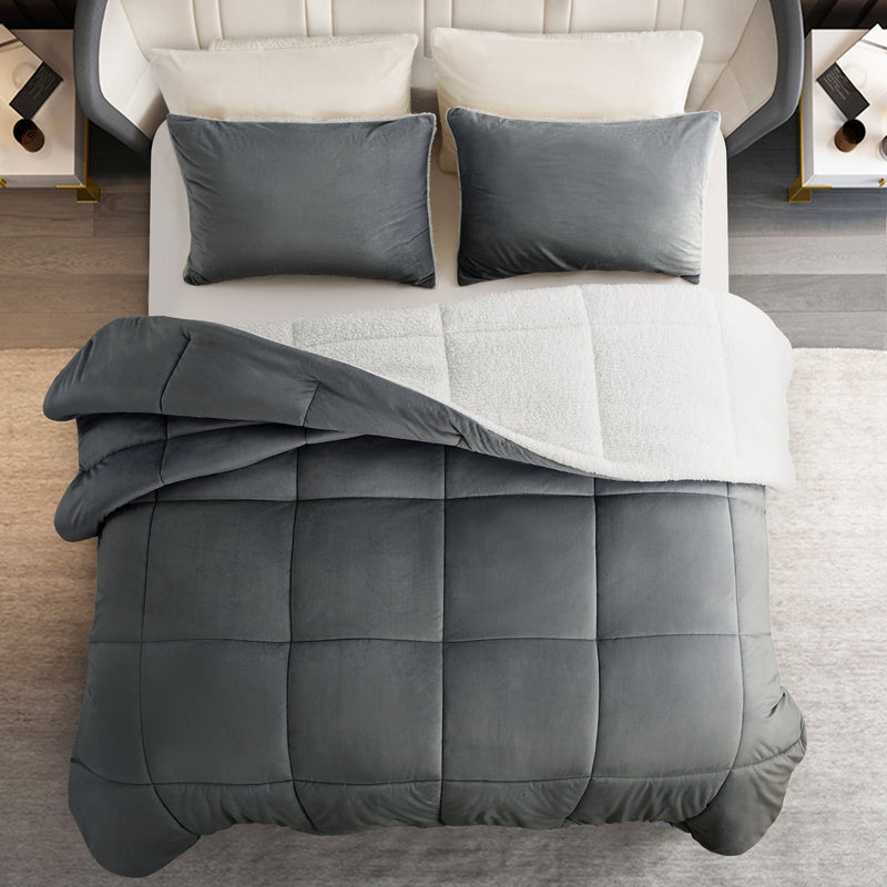 INGALIK  Sherpa Comforter Set, Soft Quilted Down Alternative Comforter Reversible Duvet with 2 Pillowcases, Plush Warm Fall Winter 3 Piece Bedding Sets