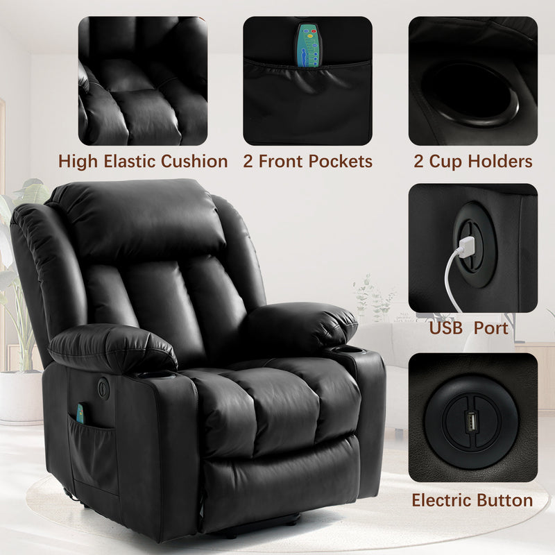 INGALIK Power Lift Recliner Chair Dual Motor, Electric Leather Recliner for Elderly with Heat and Massage, Lay Flat Assist Recliner with Side Pocket, Cup Holders
