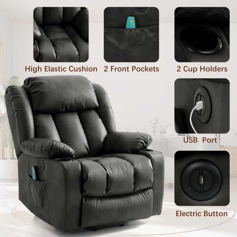 INGALIK Power Lift Recliner Chair Dual Motor, Electric Leather Recliner for Elderly with Heat and Massage, Lay Flat Assist Recliner with Side Pocket, Cup Holders