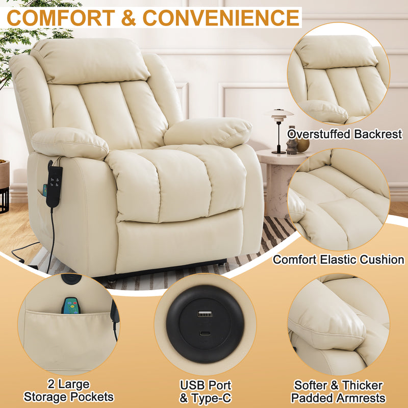 INGALIK 41" Breathable Leather Dual Motor Power Lift Recliner Chair With Heating And Massage, Lay Flat Electric Recliner Lift Assist Recliner For The Elderly