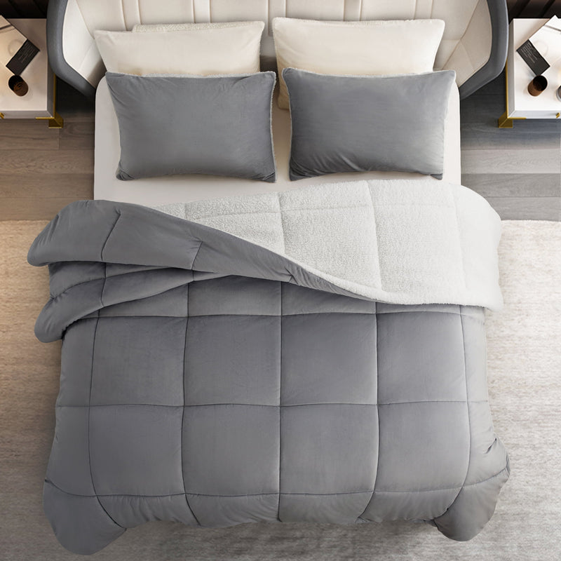 INGALIK  Sherpa Comforter Set, Soft Quilted Down Alternative Comforter Reversible Duvet with 2 Pillowcases, Plush Warm Fall Winter 3 Piece Bedding Sets