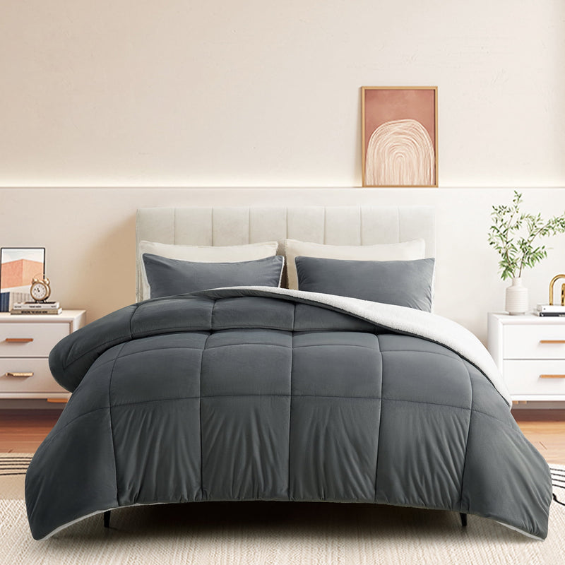 INGALIK  Sherpa Comforter Set, Soft Quilted Down Alternative Comforter Reversible Duvet with 2 Pillowcases, Plush Warm Fall Winter 3 Piece Bedding Sets