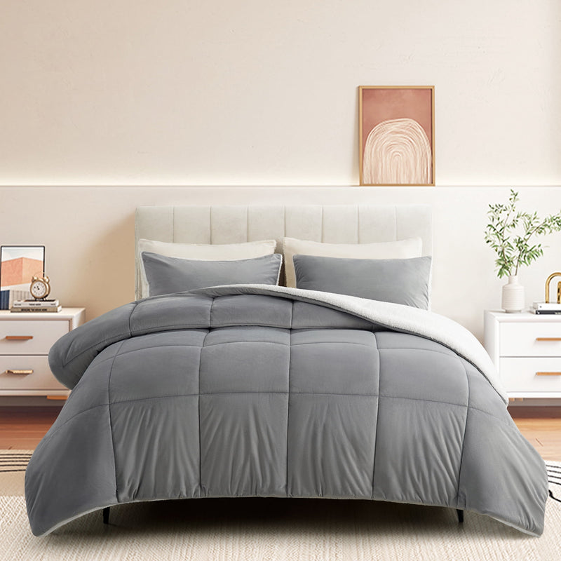 INGALIK  Sherpa Comforter Set, Soft Quilted Down Alternative Comforter Reversible Duvet with 2 Pillowcases, Plush Warm Fall Winter 3 Piece Bedding Sets