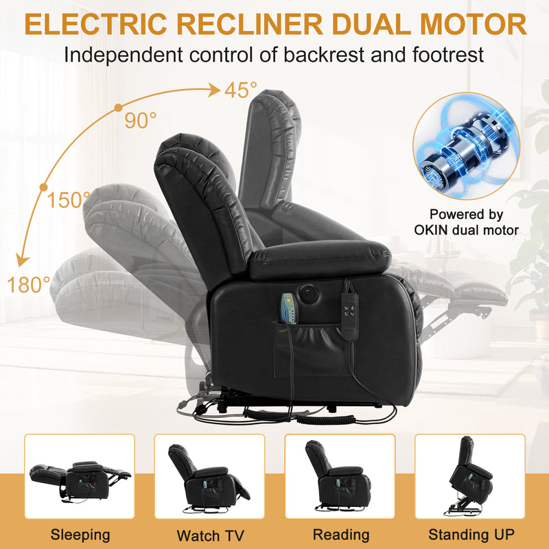 INGALIK 41" Breathable Leather Dual Motor Power Lift Recliner Chair With Heating And Massage, Lay Flat Electric Recliner Lift Assist Recliner For The Elderly