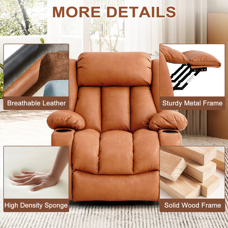 INGALIK Power Lift Recliner Chair Dual Motor, Electric Leather Recliner for Elderly with Heat and Massage, Lay Flat Assist Recliner with Side Pocket, Cup Holders