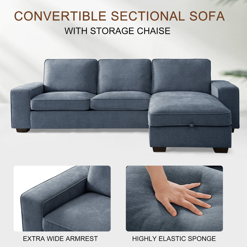 INGALIK 99" Sectional Sofa with Storage Chaise, Oversized L-Shaped Couch, Large Modern Chenille Sofa 3 Seat with Removable Cushion Covers USB Type-C Ports for Living Room