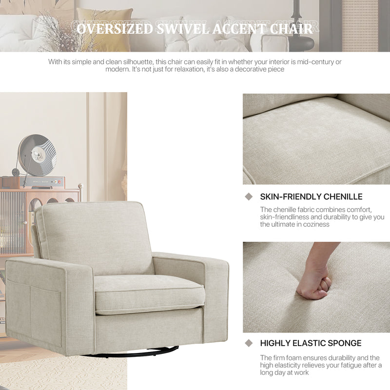 INGALIK Swivel Accent Chair, 40.2"W Oversize Chenille Accent Armchair with Storage Bag, Modern Comfortable Chair for Living Room, Bedroom, Home, Club