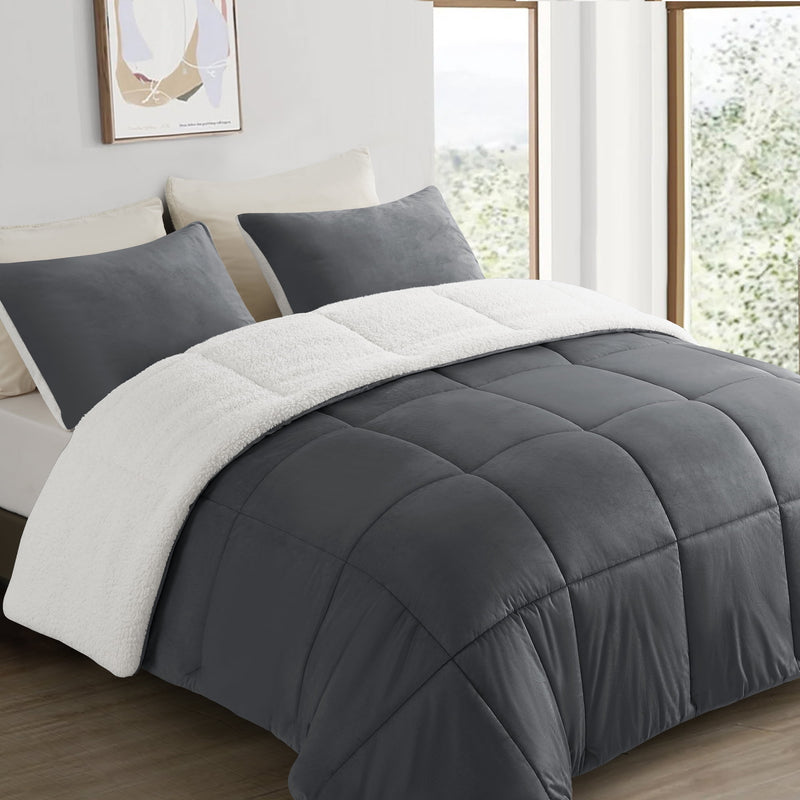 INGALIK  Sherpa Comforter Set, Soft Quilted Down Alternative Comforter Reversible Duvet with 2 Pillowcases, Plush Warm Fall Winter 3 Piece Bedding Sets