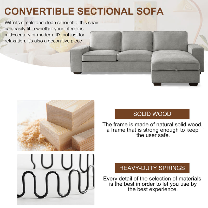 INGALIK 99" Sectional Sofa with Storage Chaise, Oversized L-Shaped Couch, Large Modern Chenille Sofa 3 Seat with Removable Cushion Covers USB Type-C Ports for Living Room