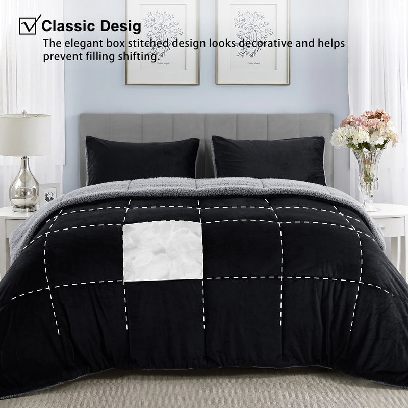 INGALIK  Sherpa Comforter Set, Soft Quilted Down Alternative Comforter Reversible Duvet with 2 Pillowcases, Plush Warm Fall Winter 3 Piece Bedding Sets