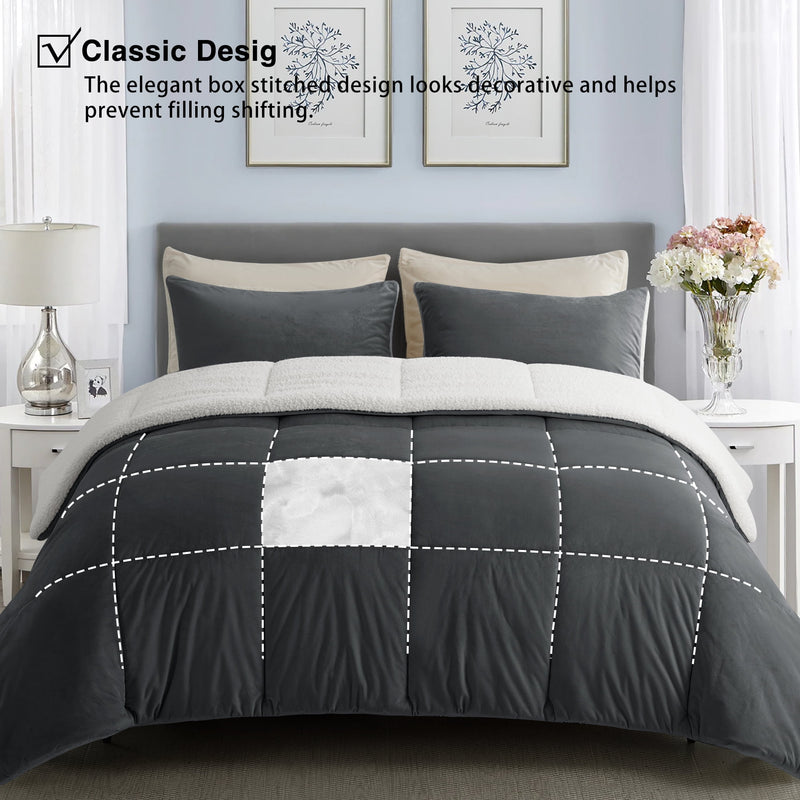INGALIK  Sherpa Comforter Set, Soft Quilted Down Alternative Comforter Reversible Duvet with 2 Pillowcases, Plush Warm Fall Winter 3 Piece Bedding Sets