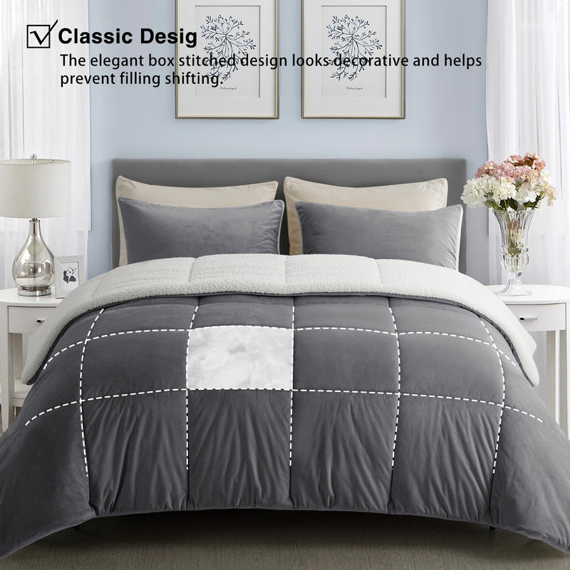INGALIK  Sherpa Comforter Set, Soft Quilted Down Alternative Comforter Reversible Duvet with 2 Pillowcases, Plush Warm Fall Winter 3 Piece Bedding Sets