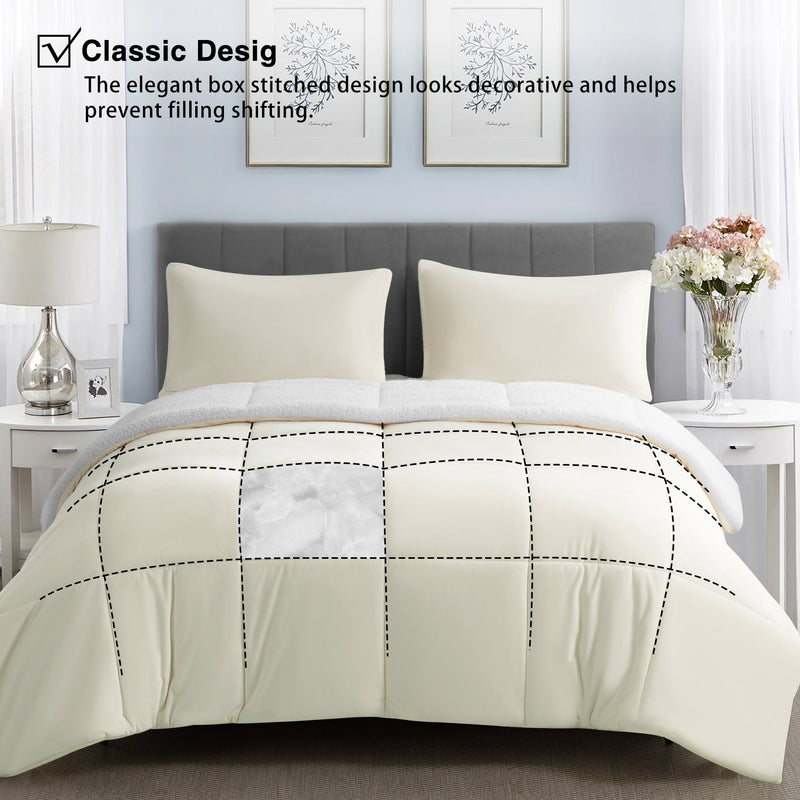 INGALIK  Sherpa Comforter Set, Soft Quilted Down Alternative Comforter Reversible Duvet with 2 Pillowcases, Plush Warm Fall Winter 3 Piece Bedding Sets