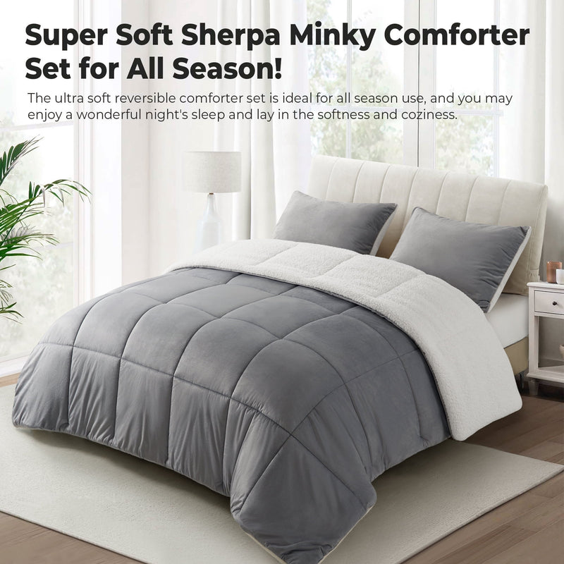 INGALIK  Sherpa Comforter Set, Soft Quilted Down Alternative Comforter Reversible Duvet with 2 Pillowcases, Plush Warm Fall Winter 3 Piece Bedding Sets