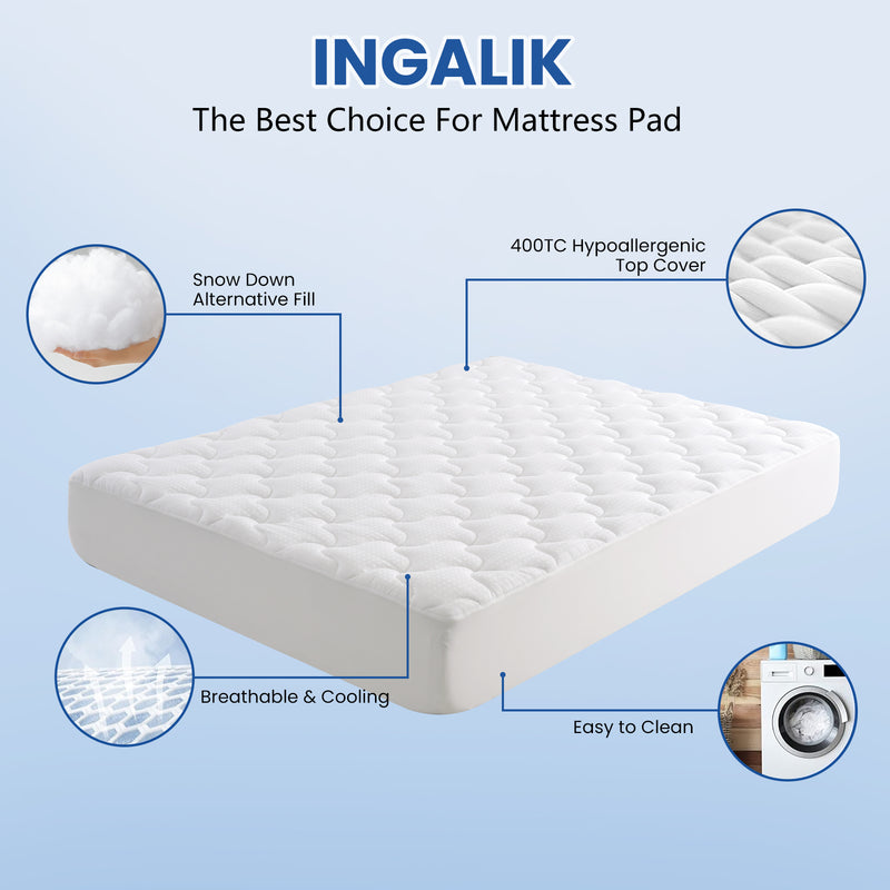 INGALIK Premium 400TC Quilted Mattress Pad, Cooling Breathable Topper, Fitted Thickened Protector, 8-21" Deep Pocket