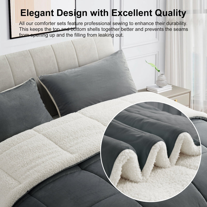 INGALIK  Sherpa Comforter Set, Soft Quilted Down Alternative Comforter Reversible Duvet with 2 Pillowcases, Plush Warm Fall Winter 3 Piece Bedding Sets