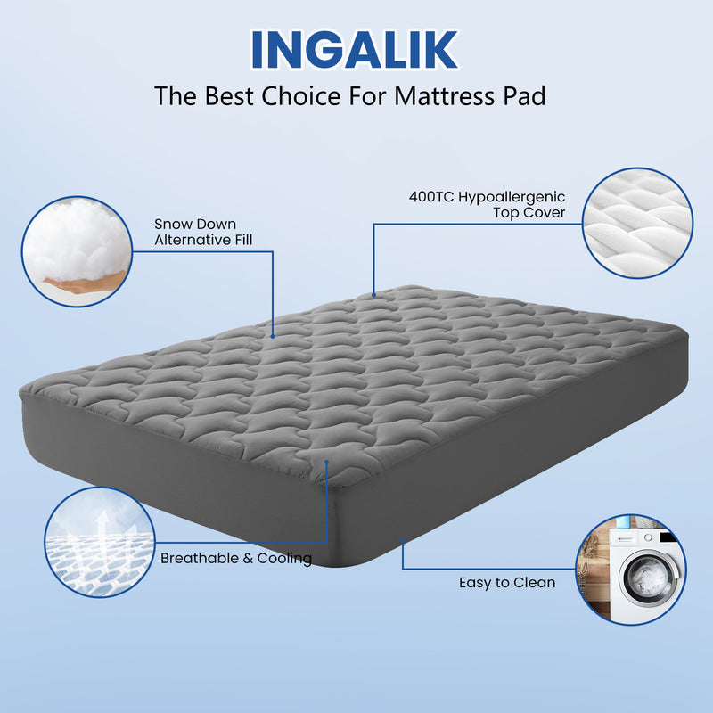 INGALIK Premium 400TC Quilted Mattress Pad, Cooling Breathable Topper, Fitted Thickened Protector, 8-21" Deep Pocket