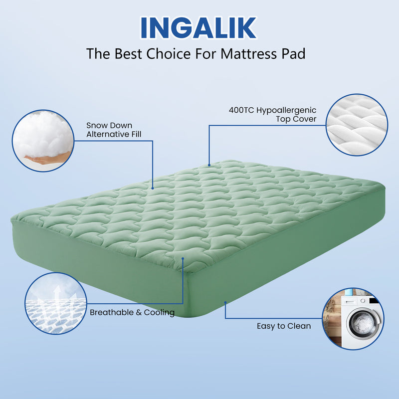 INGALIK Premium 400TC Quilted Mattress Pad, Cooling Breathable Topper, Fitted Thickened Protector, 8-21" Deep Pocket