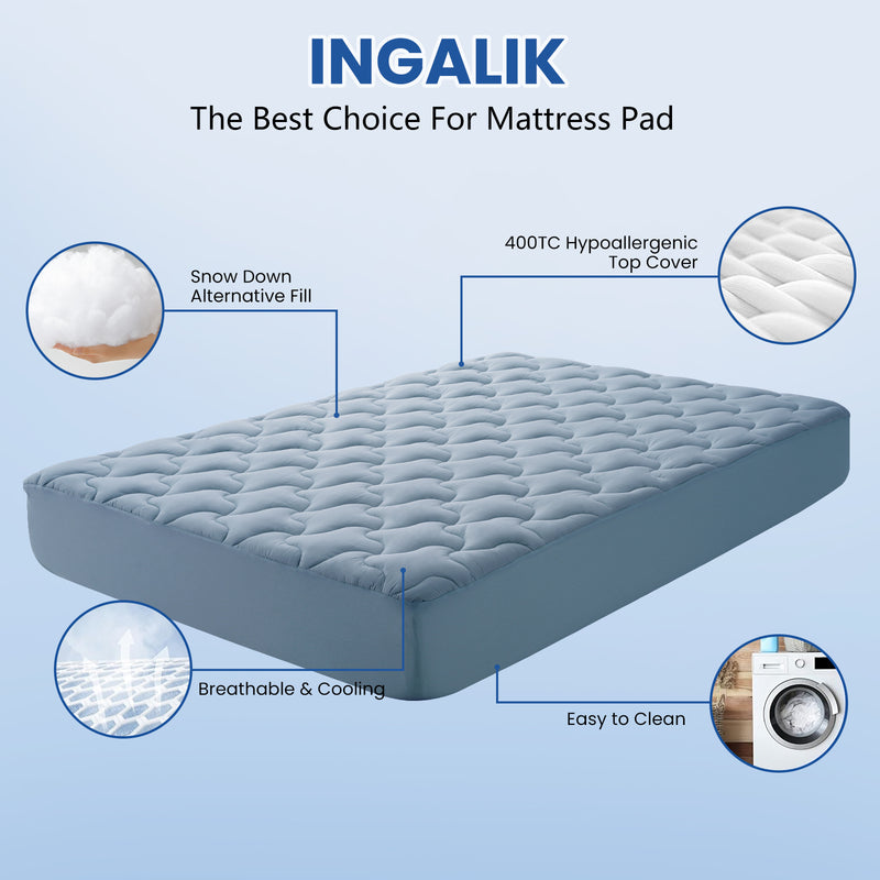 INGALIK Premium 400TC Quilted Mattress Pad, Cooling Breathable Topper, Fitted Thickened Protector, 8-21" Deep Pocket
