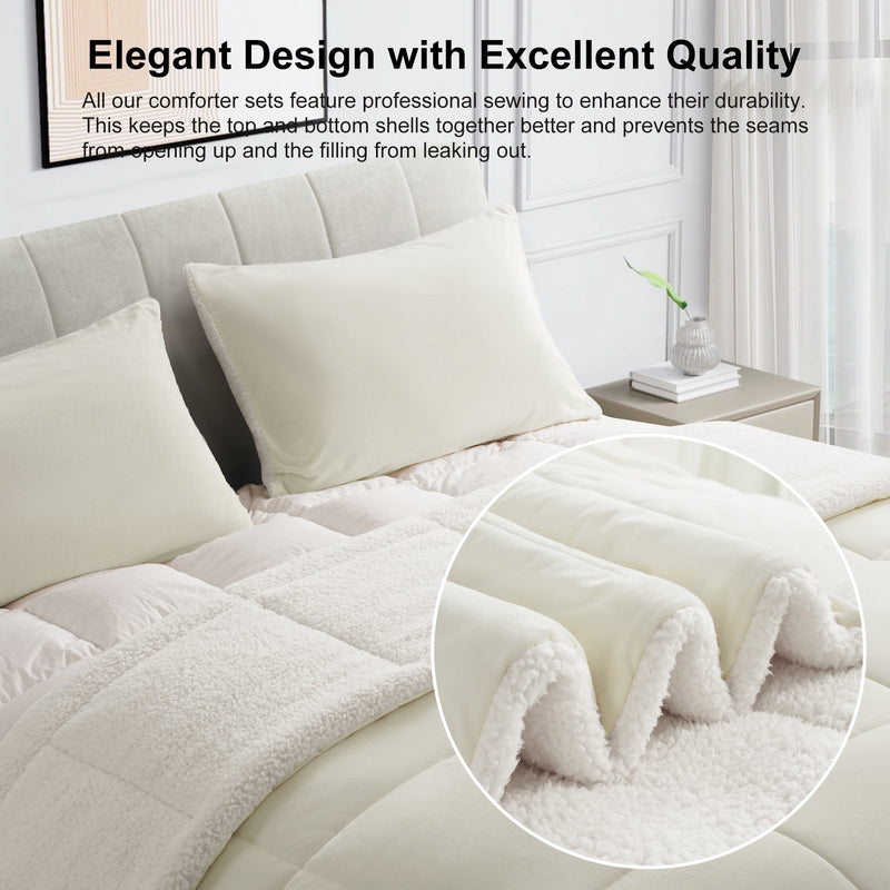 INGALIK  Sherpa Comforter Set, Soft Quilted Down Alternative Comforter Reversible Duvet with 2 Pillowcases, Plush Warm Fall Winter 3 Piece Bedding Sets