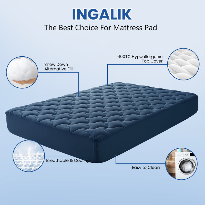 INGALIK Premium 400TC Quilted Mattress Pad, Cooling Breathable Topper, Fitted Thickened Protector, 8-21" Deep Pocket