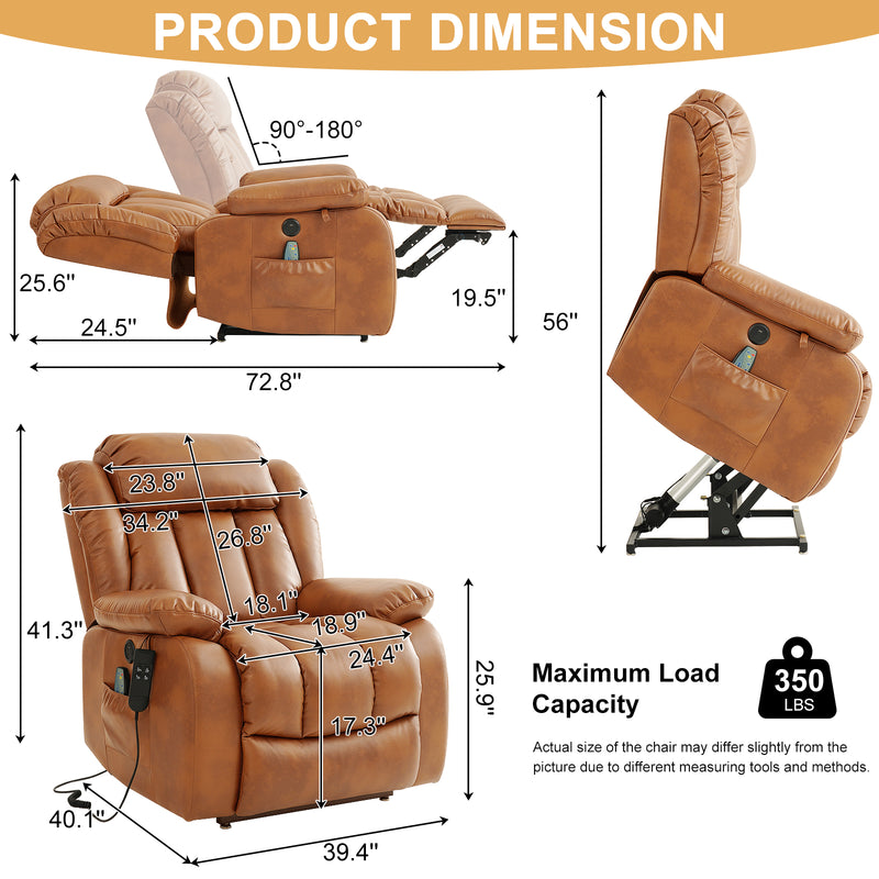 INGALIK 41" Breathable Leather Dual Motor Power Lift Recliner Chair With Heating And Massage, Lay Flat Electric Recliner Lift Assist Recliner For The Elderly