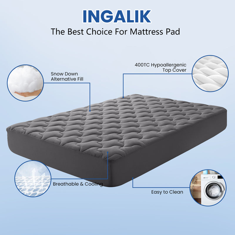 INGALIK Premium 400TC Quilted Mattress Pad, Cooling Breathable Topper, Fitted Thickened Protector, 8-21" Deep Pocket