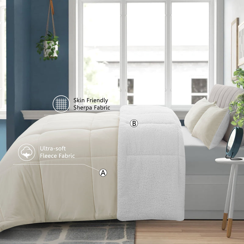 INGALIK  Sherpa Comforter Set, Soft Quilted Down Alternative Comforter Reversible Duvet with 2 Pillowcases, Plush Warm Fall Winter 3 Piece Bedding Sets