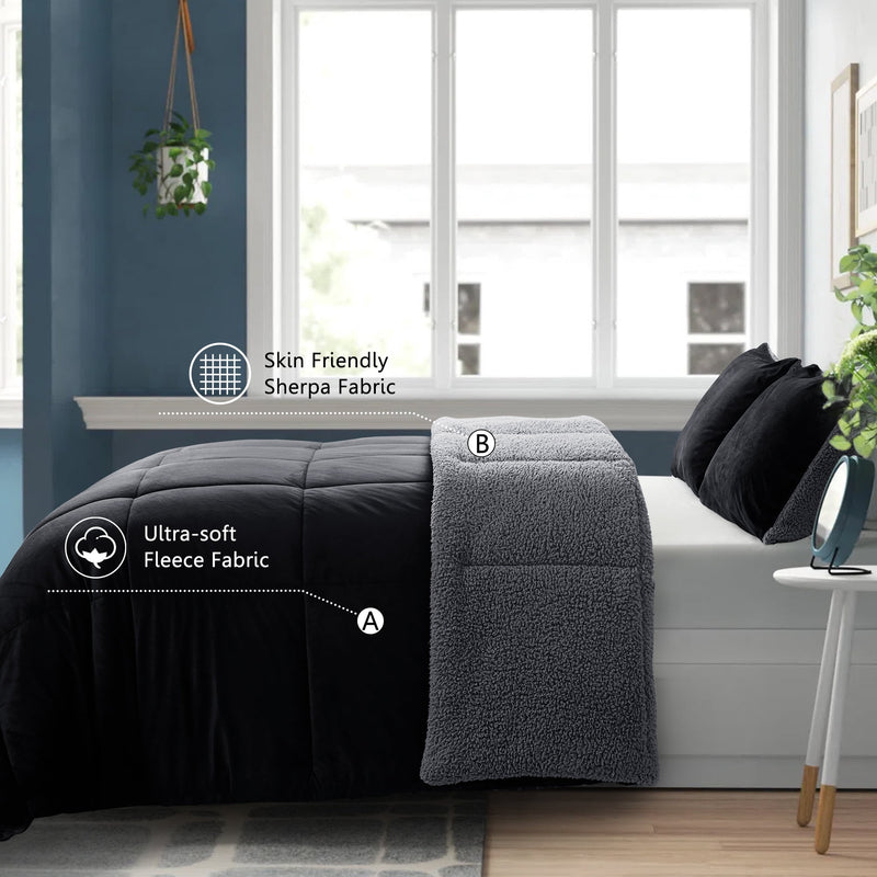 INGALIK  Sherpa Comforter Set, Soft Quilted Down Alternative Comforter Reversible Duvet with 2 Pillowcases, Plush Warm Fall Winter 3 Piece Bedding Sets