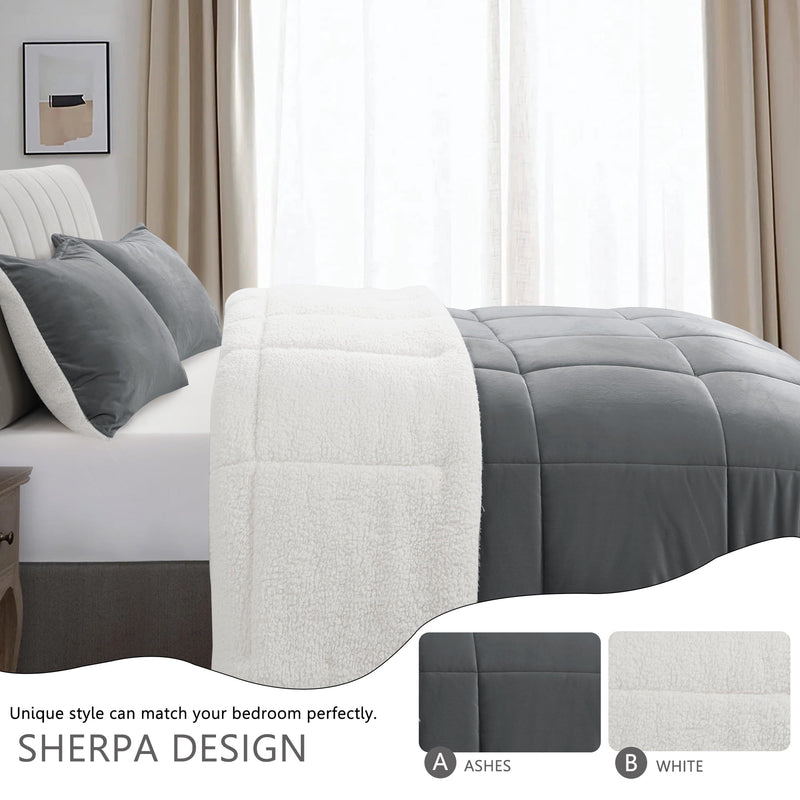 INGALIK  Sherpa Comforter Set, Soft Quilted Down Alternative Comforter Reversible Duvet with 2 Pillowcases, Plush Warm Fall Winter 3 Piece Bedding Sets