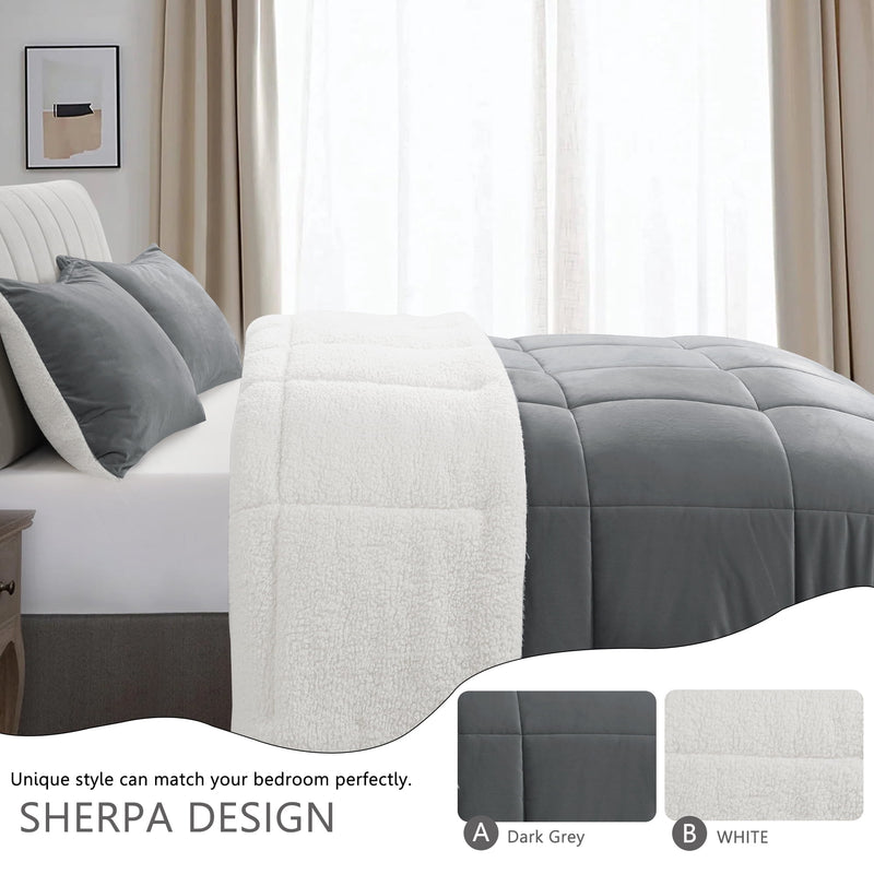 INGALIK  Sherpa Comforter Set, Soft Quilted Down Alternative Comforter Reversible Duvet with 2 Pillowcases, Plush Warm Fall Winter 3 Piece Bedding Sets