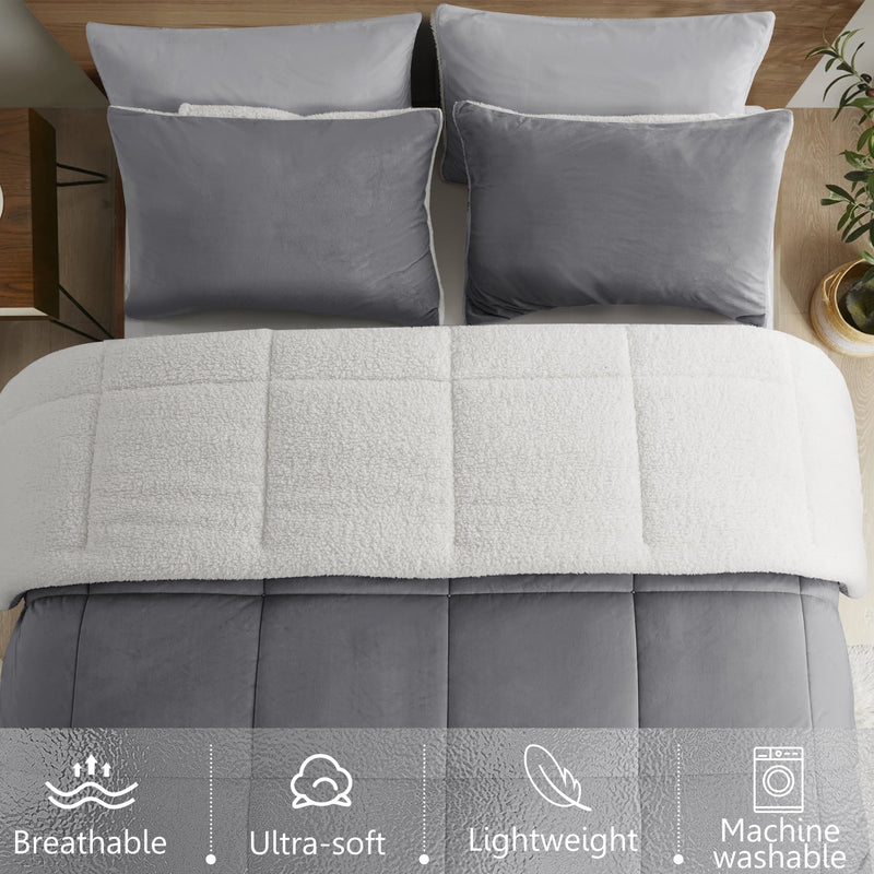 INGALIK  Sherpa Comforter Set, Soft Quilted Down Alternative Comforter Reversible Duvet with 2 Pillowcases, Plush Warm Fall Winter 3 Piece Bedding Sets