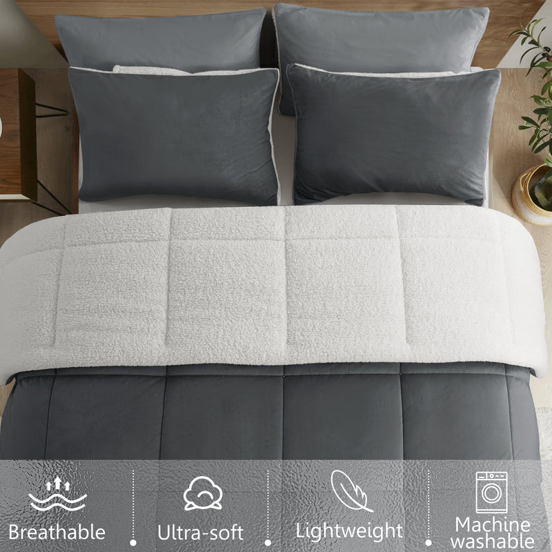 INGALIK  Sherpa Comforter Set, Soft Quilted Down Alternative Comforter Reversible Duvet with 2 Pillowcases, Plush Warm Fall Winter 3 Piece Bedding Sets